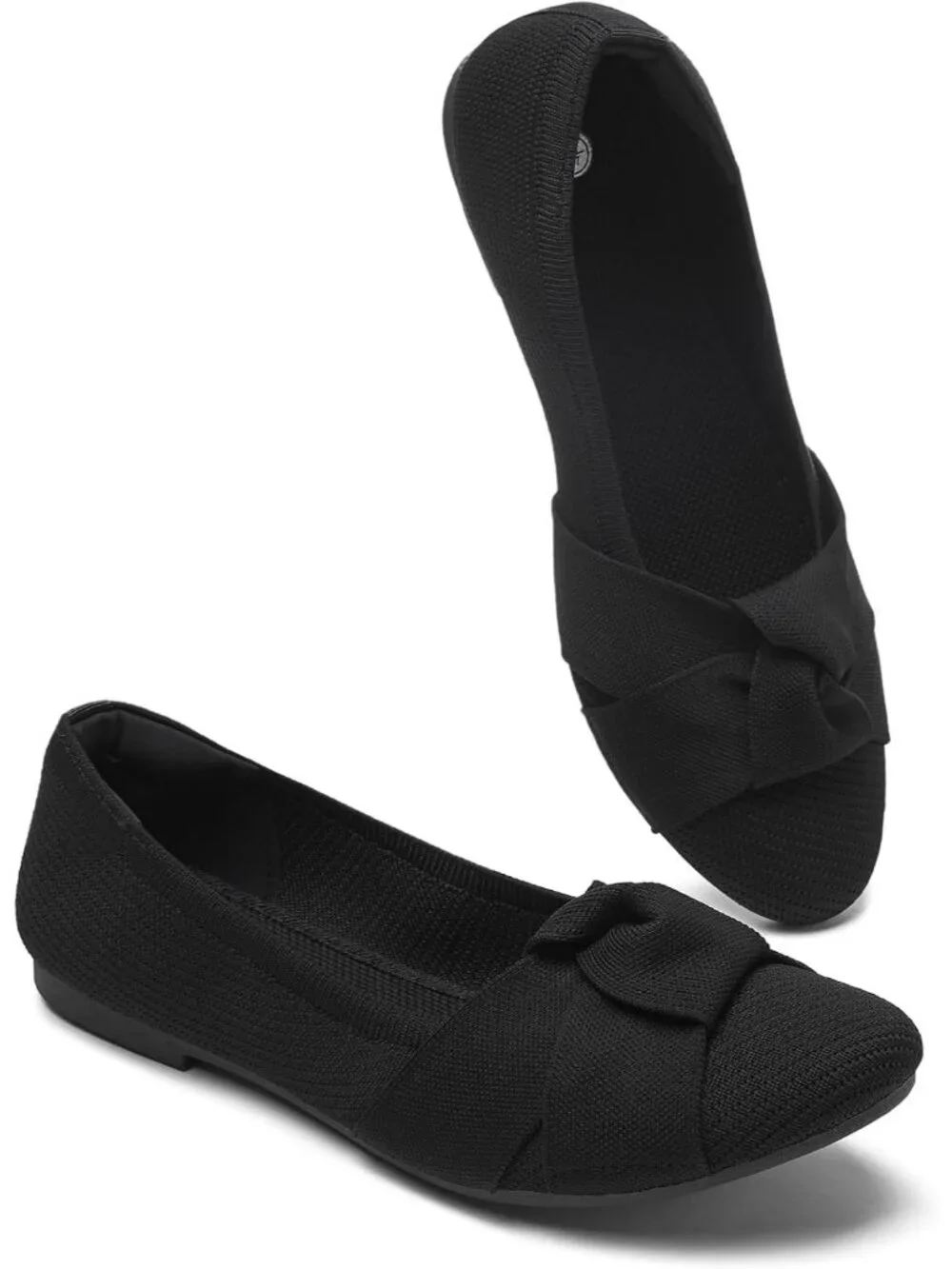 Women’s Black Mesh Bowknot Round Toe Flats Lightweight Breathable Slip-On Shoes
